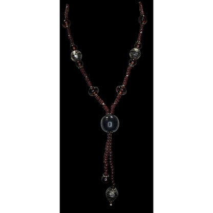 Boho Tribal Wood Glass Bead Lariat Necklace Brown Black Tassel Drop 20 Inch