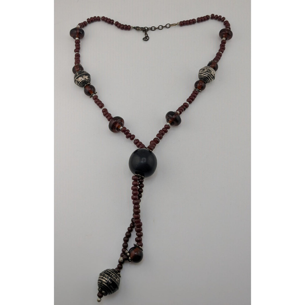 Boho Tribal Wood Glass Bead Lariat Necklace Brown Black Tassel Drop 20 Inch