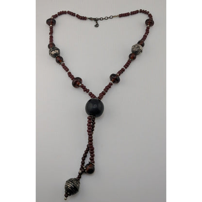 Boho Tribal Wood Glass Bead Lariat Necklace Brown Black Tassel Drop 20 Inch