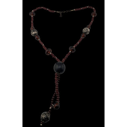 Boho Tribal Wood Glass Bead Lariat Necklace Brown Black Tassel Drop 20 Inch