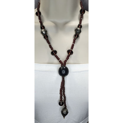 Boho Tribal Wood Glass Bead Lariat Necklace Brown Black Tassel Drop 20 Inch