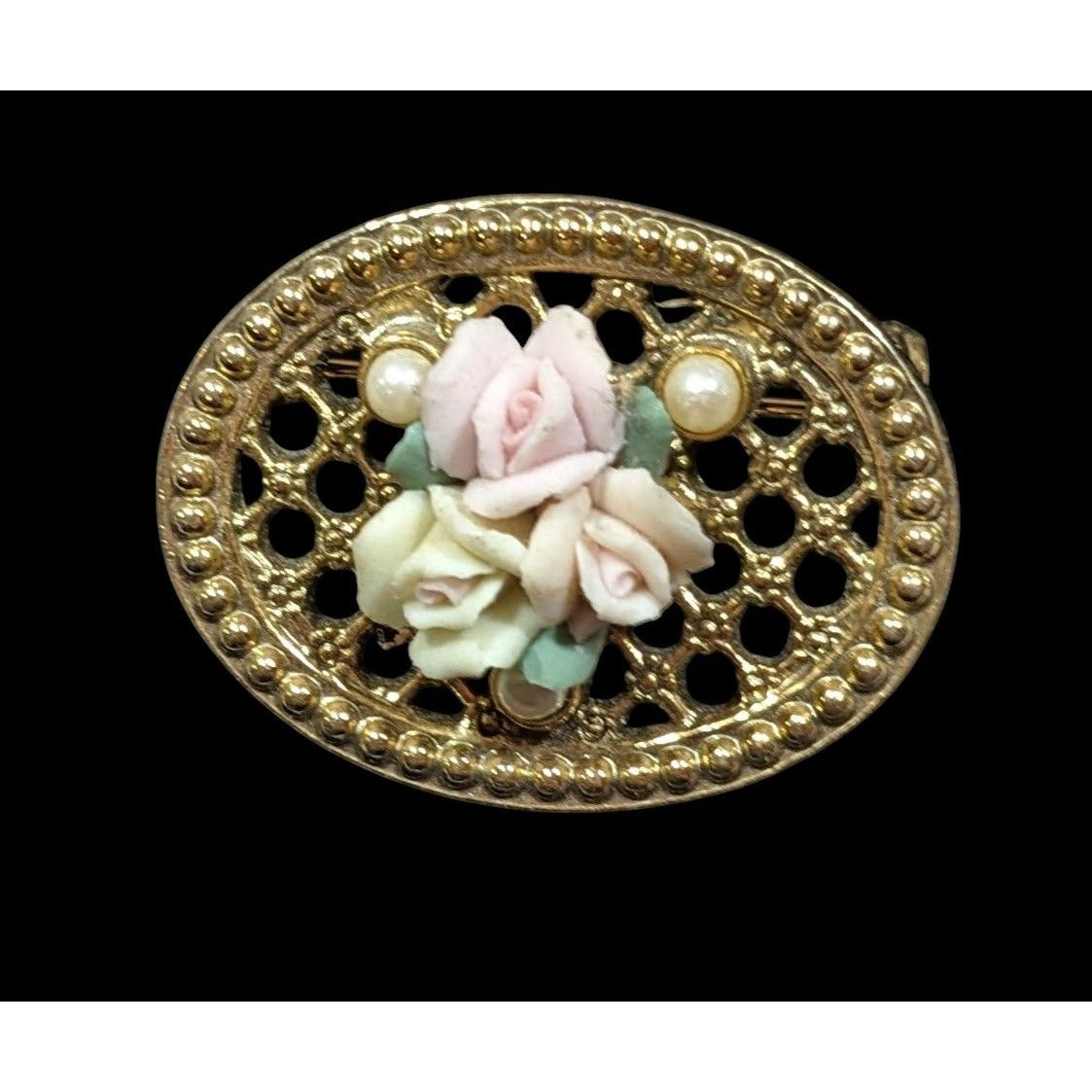Vintage Victorian Style Rose Embellished Gold Tone Filigree Brooch