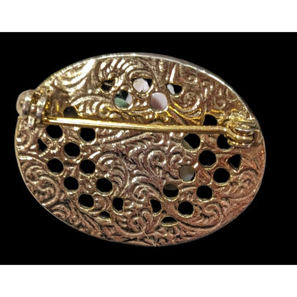 Vintage Victorian Style Rose Embellished Gold Tone Filigree Brooch