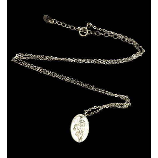 Vintage Handmade Floral Stamped Silver Tone Pendant Necklace