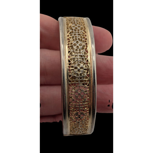 Vintage Floral Filigree Bracelet Hinged Bangle Gold & Silver Tone
