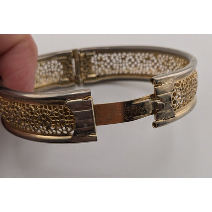 Vintage Floral Filigree Bracelet Hinged Bangle Gold & Silver Tone