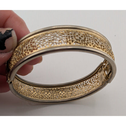 Vintage Floral Filigree Bracelet Hinged Bangle Gold & Silver Tone
