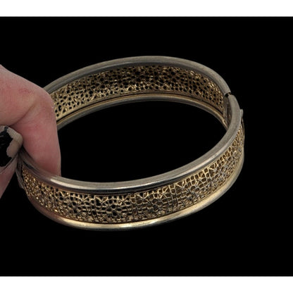 Vintage Floral Filigree Bracelet Hinged Bangle Gold & Silver Tone
