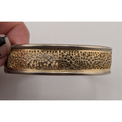 Vintage Floral Filigree Bracelet Hinged Bangle Gold & Silver Tone