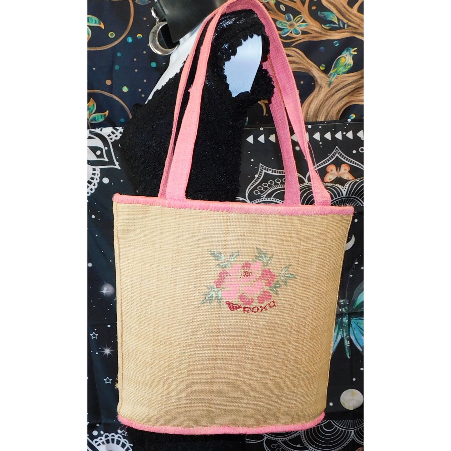 Vintage Beachy Roxy Woven Straw Tote With Floral Accent