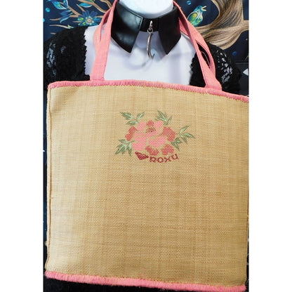Vintage Beachy Roxy Woven Straw Tote With Floral Accent