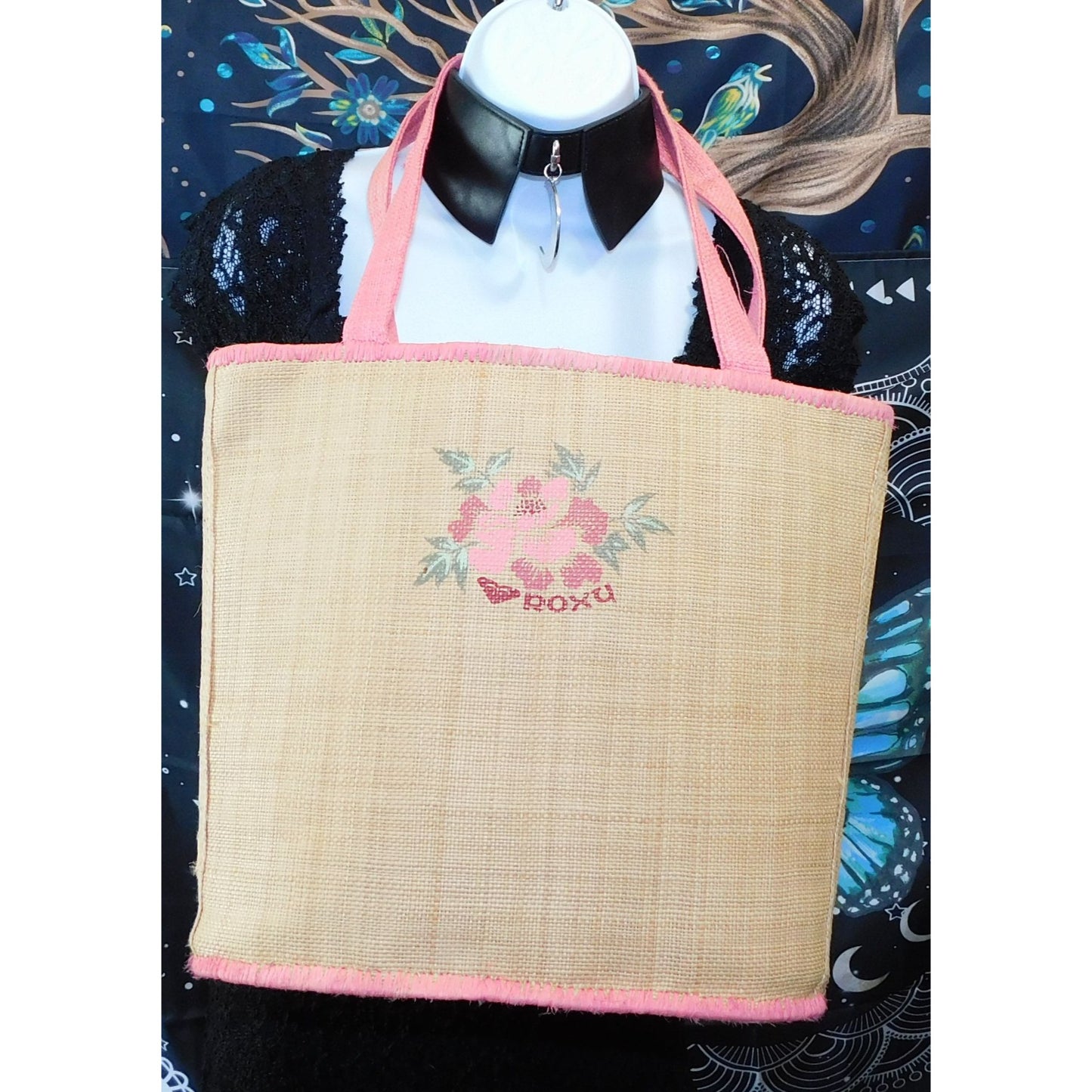 Vintage Beachy Roxy Woven Straw Tote With Floral Accent