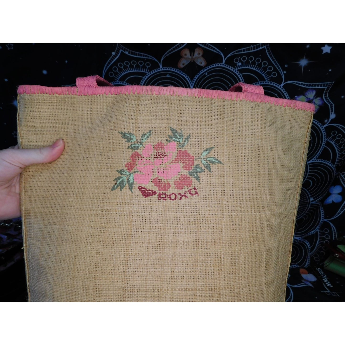 Vintage Beachy Roxy Woven Straw Tote With Floral Accent