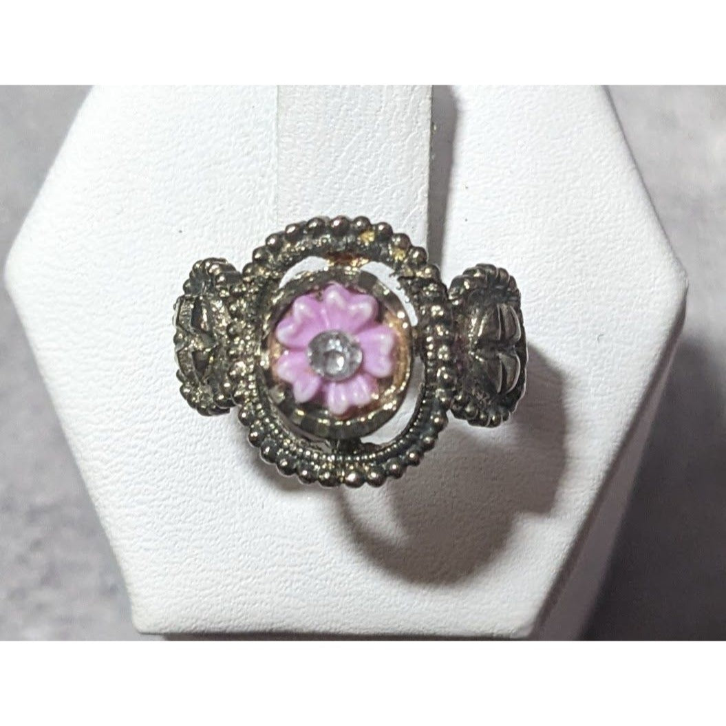 Purple Floral And Silver Tone Fashion Ring Size 4 1/2