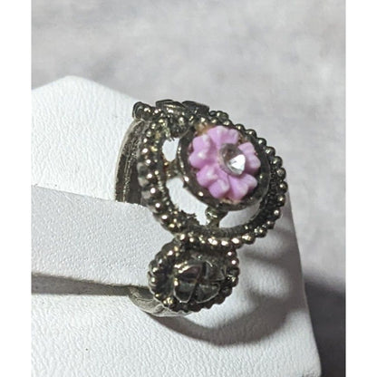 Purple Floral And Silver Tone Fashion Ring Size 4 1/2