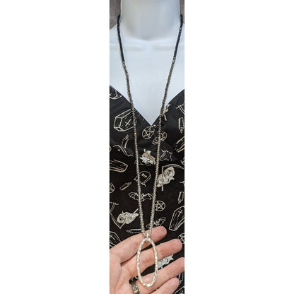 Boho Minimalist Marlyn Schiff Long Gunmetal Crystal Beaded Oval Pendant Necklace