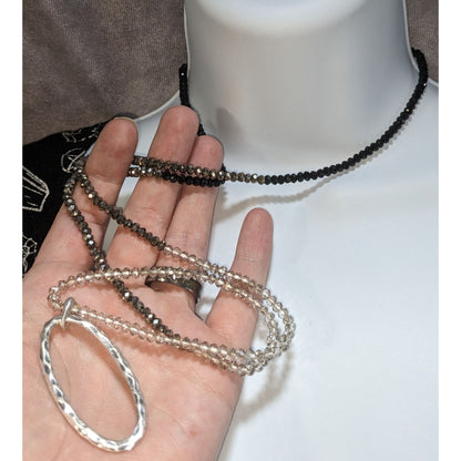 Boho Minimalist Marlyn Schiff Long Gunmetal Crystal Beaded Oval Pendant Necklace