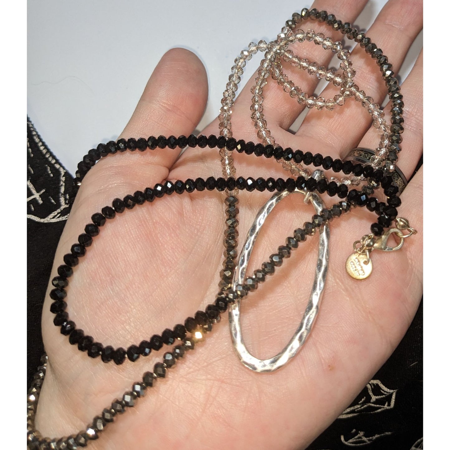 Boho Minimalist Marlyn Schiff Long Gunmetal Crystal Beaded Oval Pendant Necklace