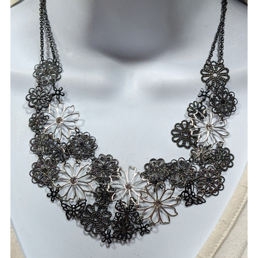 Claires Floral Fairycore Multi-Silver Tone Floral Bib Necklace