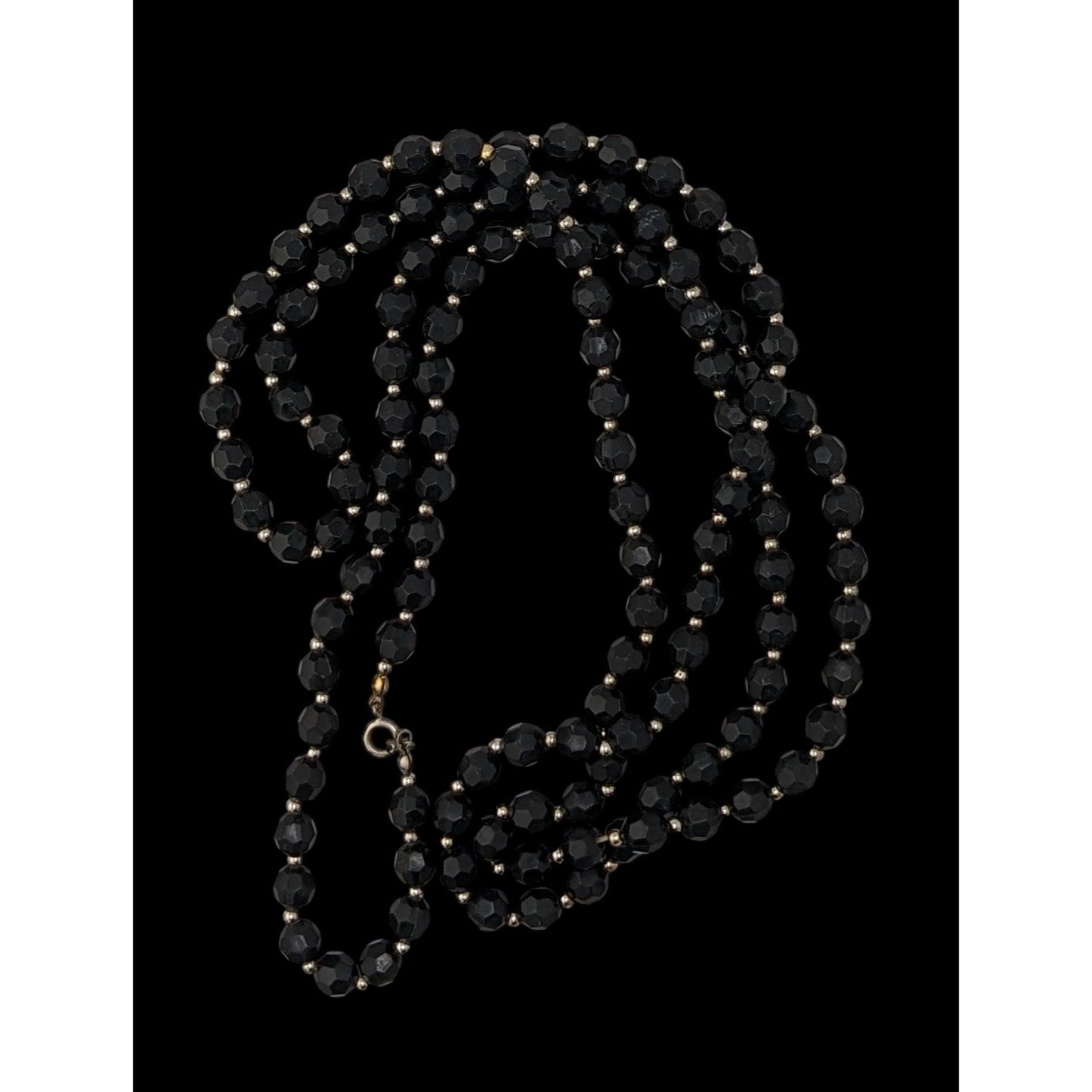 Gothic Faceted Black Beaded Necklace With Silver Tone Spacers