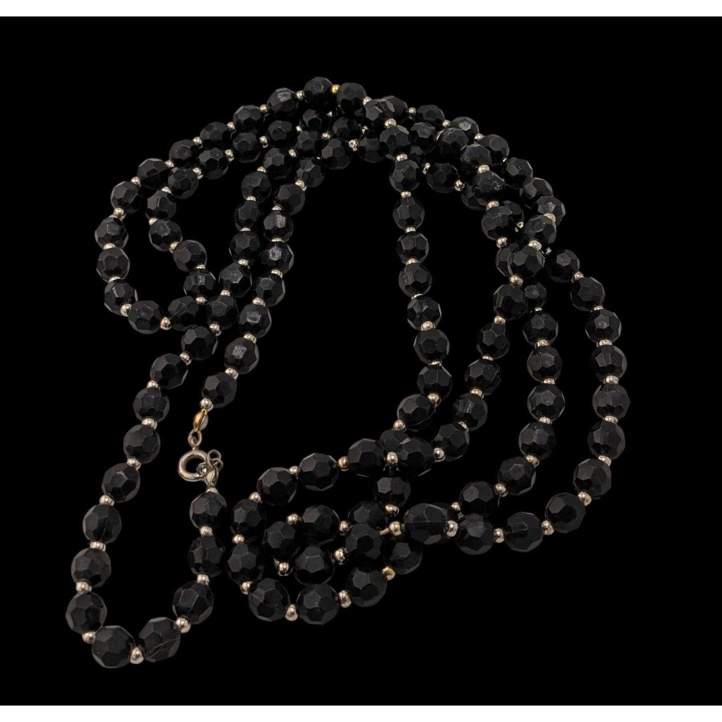 Gothic Faceted Black Beaded Necklace With Silver Tone Spacers