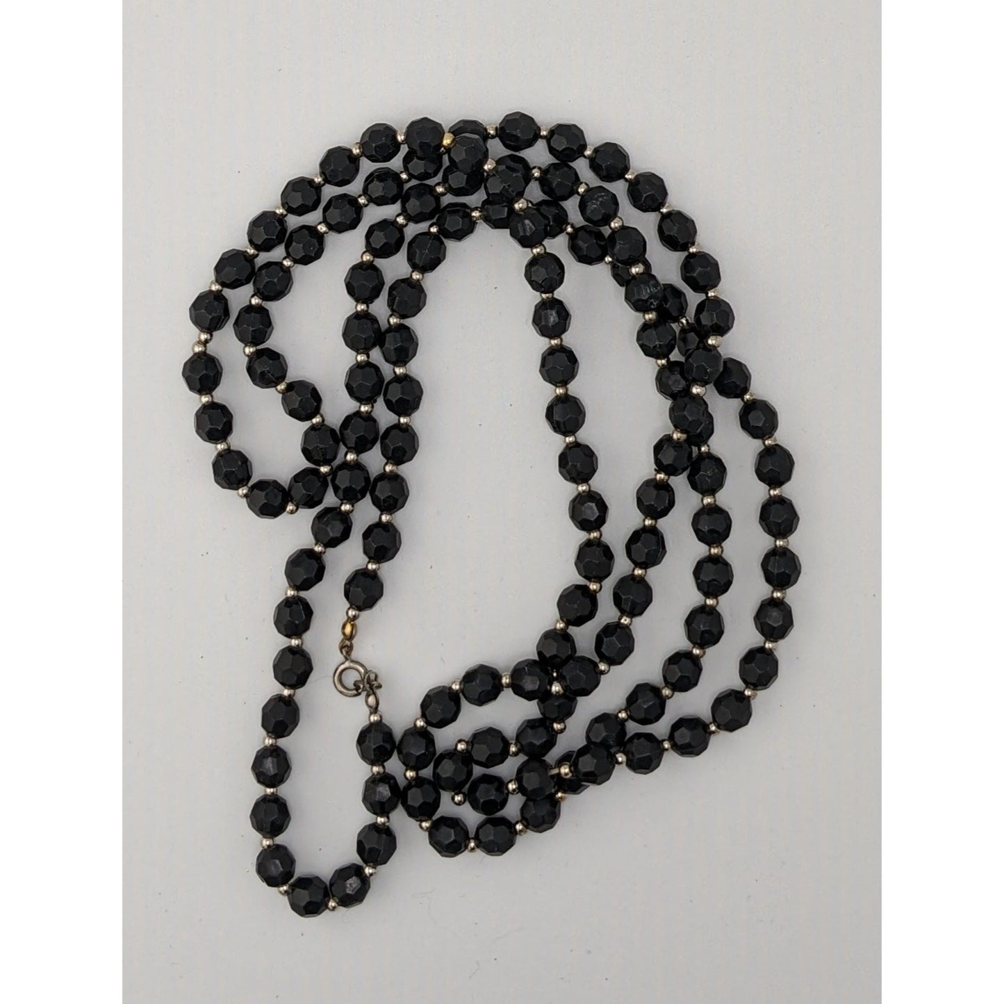 Gothic Faceted Black Beaded Necklace With Silver Tone Spacers