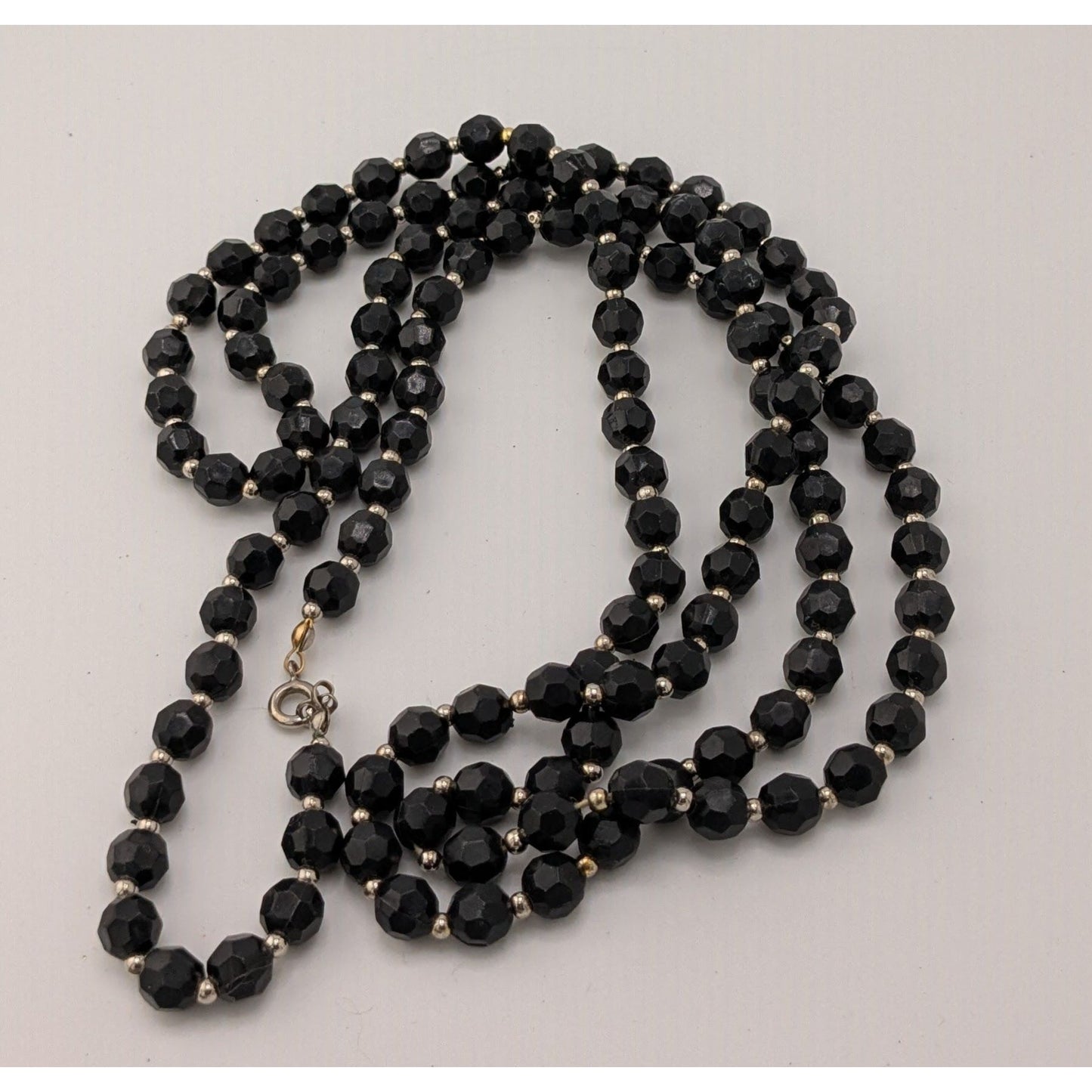 Gothic Faceted Black Beaded Necklace With Silver Tone Spacers