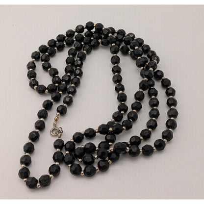 Gothic Faceted Black Beaded Necklace With Silver Tone Spacers