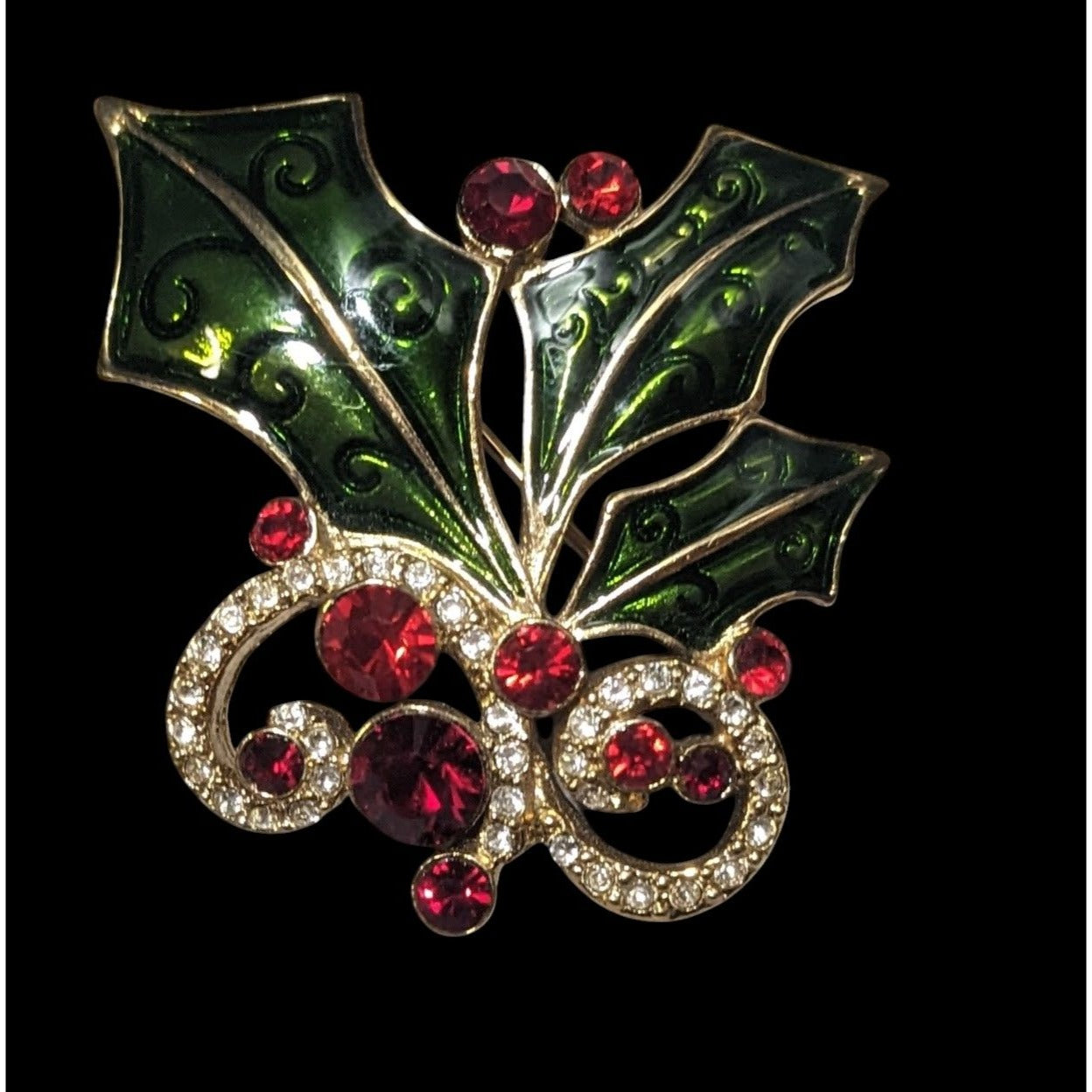 Vintage Holiday Rhinestone Enamel Holly Brooch