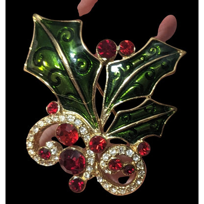 Vintage Holiday Rhinestone Enamel Holly Brooch