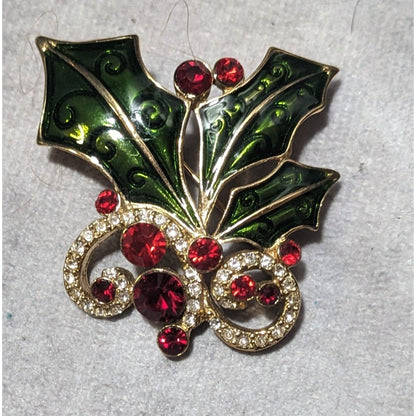 Vintage Holiday Rhinestone Enamel Holly Brooch