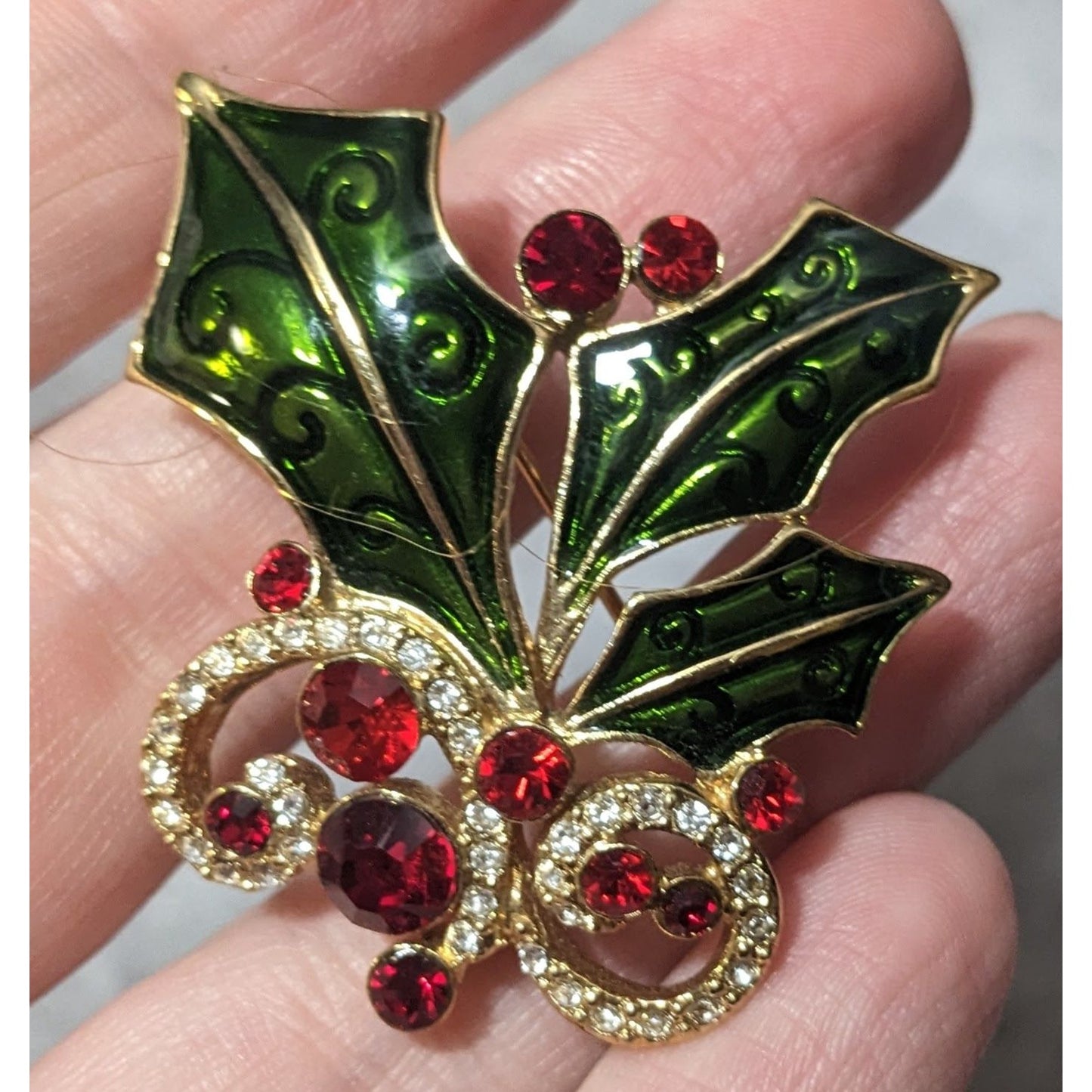 Vintage Holiday Rhinestone Enamel Holly Brooch