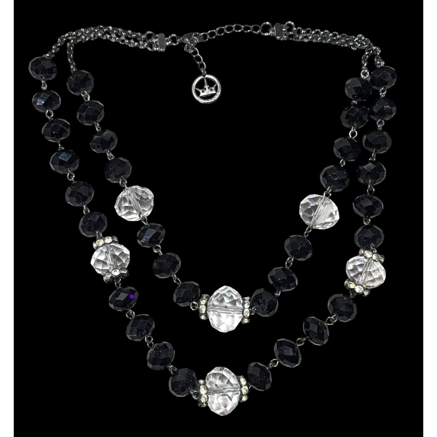 Vintage Crown Trifari Black And Clear Glass Beaded Layered Necklace