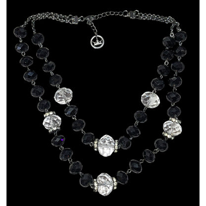 Vintage Crown Trifari Black And Clear Glass Beaded Layered Necklace