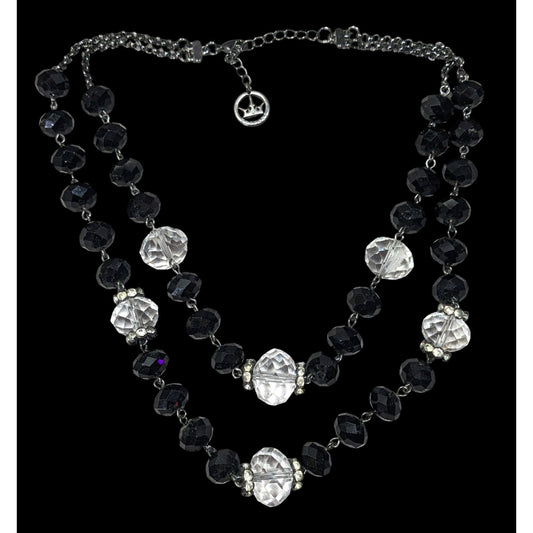 Vintage Crown Trifari Black And Clear Glass Beaded Layered Necklace