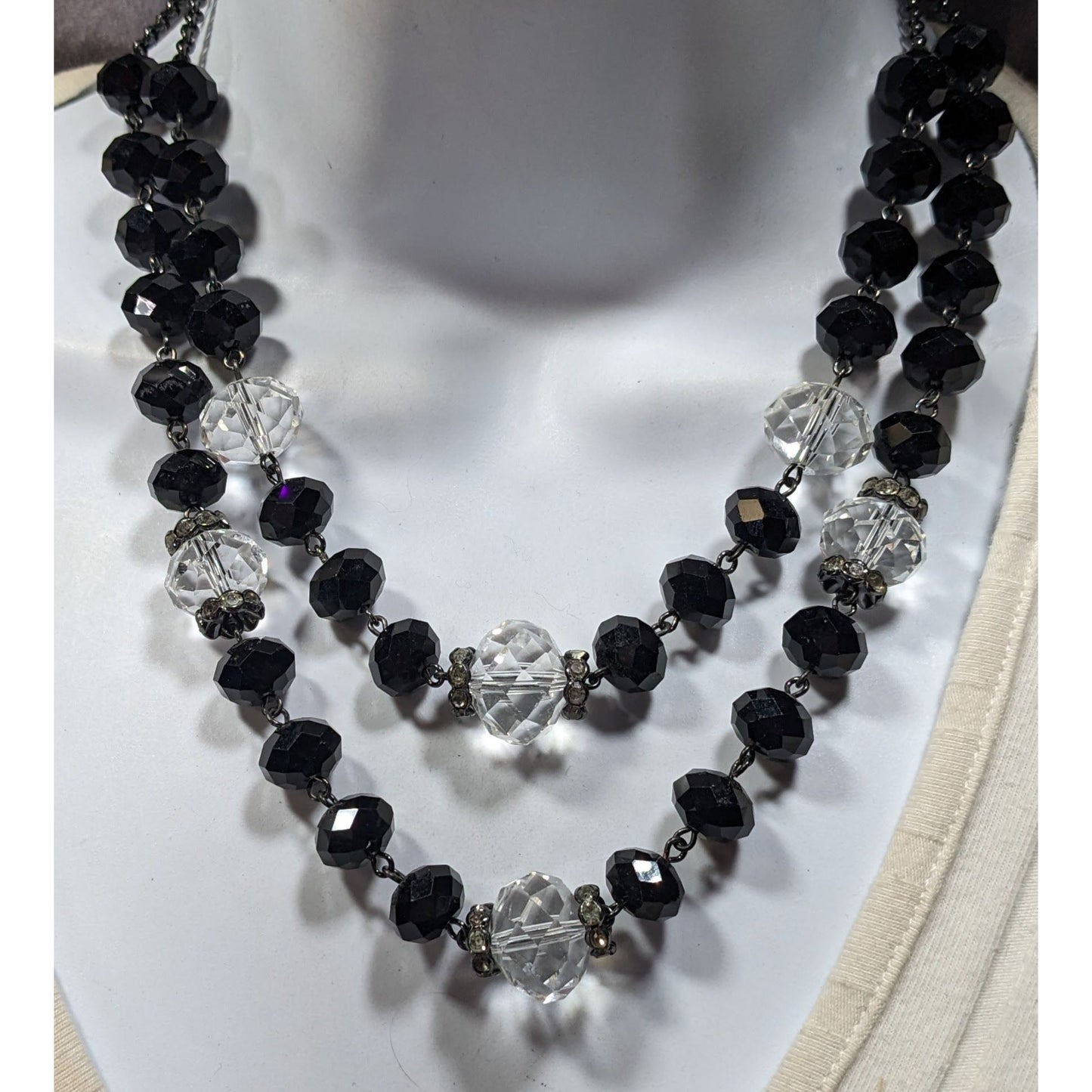 Vintage Crown Trifari Black And Clear Glass Beaded Layered Necklace