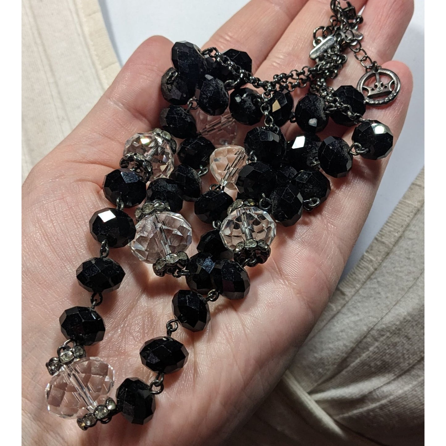 Vintage Crown Trifari Black And Clear Glass Beaded Layered Necklace
