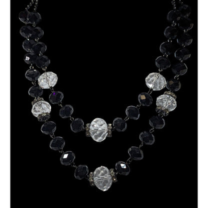 Vintage Crown Trifari Black And Clear Glass Beaded Layered Necklace