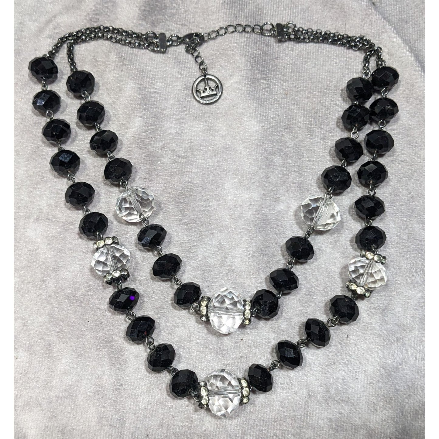 Vintage Crown Trifari Black And Clear Glass Beaded Layered Necklace