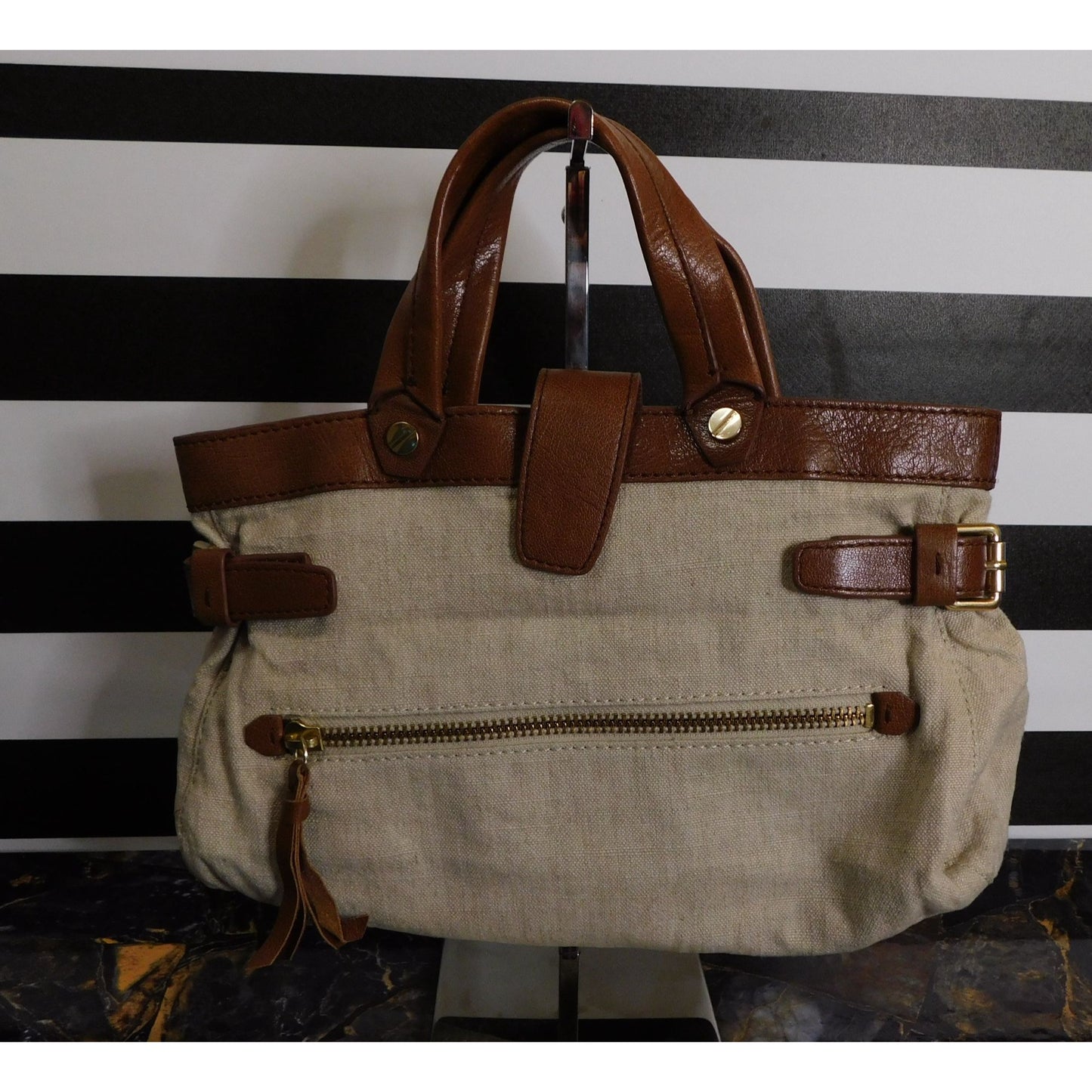 Foley + Corinna Brown Leather & Beige Canvas Shoulder Bag With Gold Tone Hardware