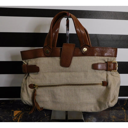 Foley + Corinna Brown Leather & Beige Canvas Shoulder Bag With Gold Tone Hardware
