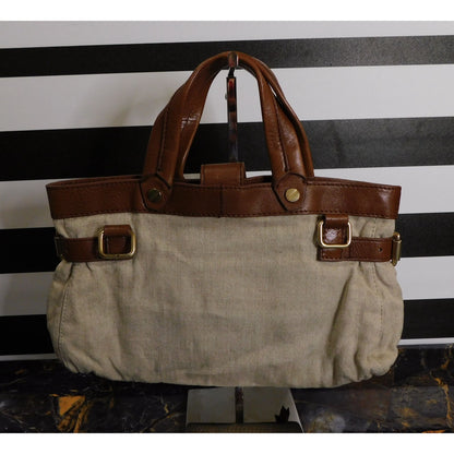 Foley + Corinna Brown Leather & Beige Canvas Shoulder Bag With Gold Tone Hardware