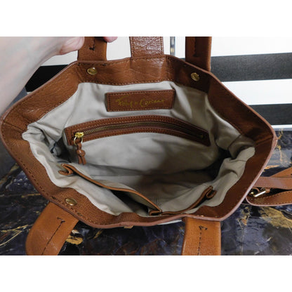 Foley + Corinna Brown Leather & Beige Canvas Shoulder Bag With Gold Tone Hardware
