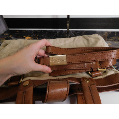 Foley + Corinna Brown Leather & Beige Canvas Shoulder Bag With Gold Tone Hardware