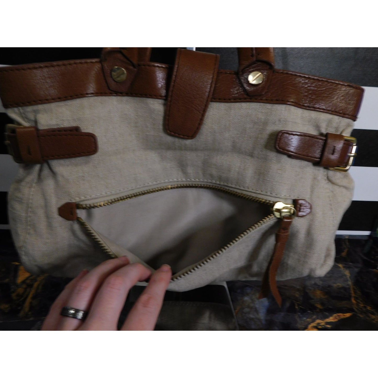 Foley + Corinna Brown Leather & Beige Canvas Shoulder Bag With Gold Tone Hardware