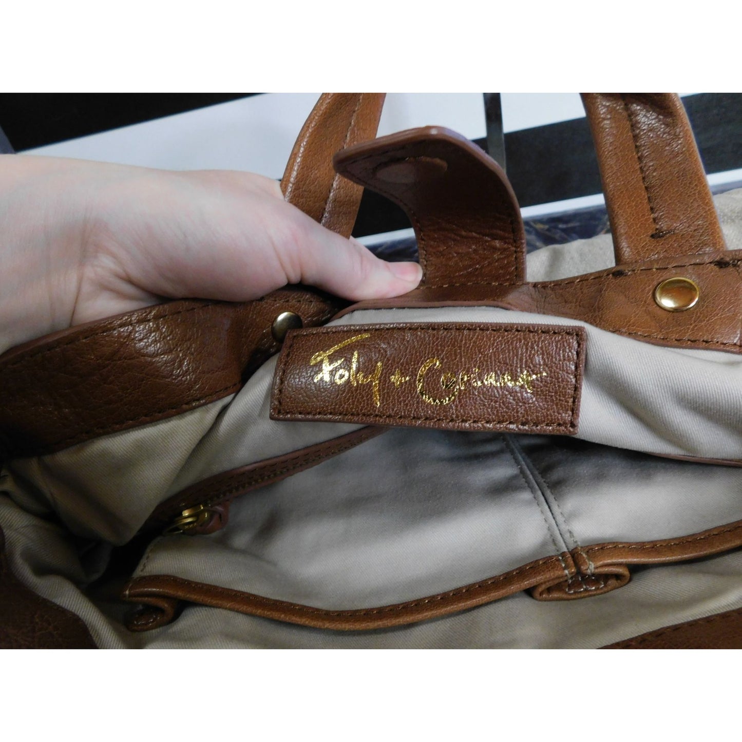 Foley + Corinna Brown Leather & Beige Canvas Shoulder Bag With Gold Tone Hardware