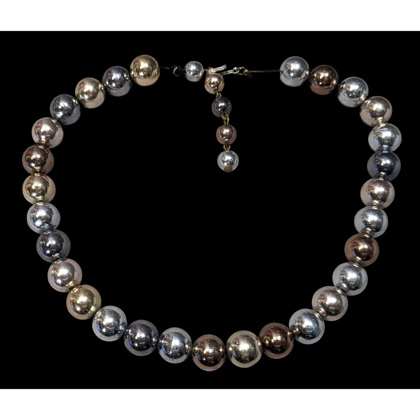 Vintage Multi Metallic Graduated Bead Necklace With Gold Silver Bronze Tones