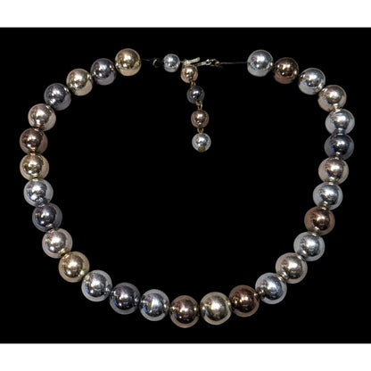 Vintage Multi Metallic Graduated Bead Necklace With Gold Silver Bronze Tones