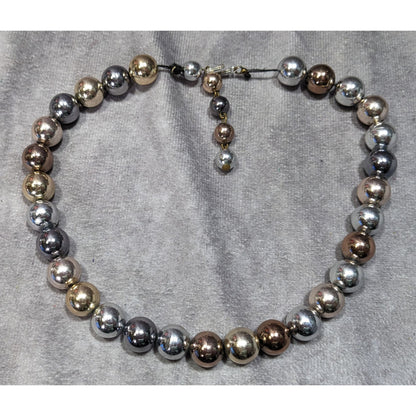 Vintage Multi Metallic Graduated Bead Necklace With Gold Silver Bronze Tones