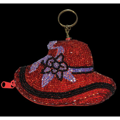 Vintage Red Hat Society Glass Beaded Keychain Coin Purse